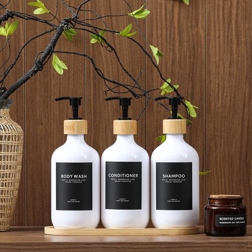Shampoo and Conditioner Dispenser,16.9oz Set of 3 Plastic Refillable Shower Shampoo Dispenser with Bamboo Tray, Reusable Pump Bottles with Labels for Bathroom Décor (White+Bamboo Tray)