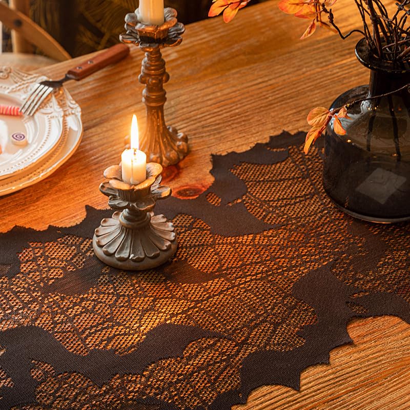 Black Lace Bat Web Halloween Table Runner - 13 x 70 Inch, Spooky Decor