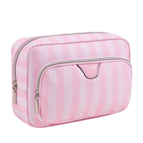 RSRSLEII Waterproof Travel Makeup Bag, Aesthetic Nylon Striped Cosmetic Bag，Coquette Traveling Toiletry Bag With Zipper, Cosmetic Pouch for Women Purse, Ideal for Women and Girls(02 Compartments)