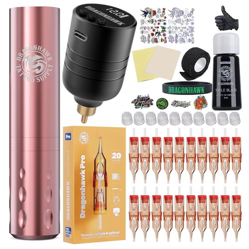 Dragonhawk S6 Pro Wireless Tattoo Gun Kit - 3.3oz Lightweight Machine with 1300mAh Battery for Long Working Time Complete Supplies with 20Pcs Cartridge Needles