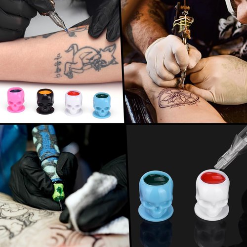 BAMTTOO 200pcs Disposable Pigment Ink Cups - Skull Design for Permanent Makeup, Tattoo Container Cap and Accessory Kits (Mixed Color)