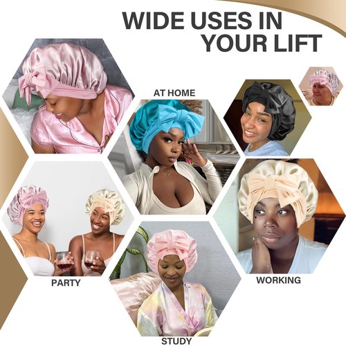 Necole Silk Bonnet for Women 100% Mulberry Silk Sleep Cap 22 Momme Double Layer Hair Wrap for Curly Short Long Hair, Non-Slip Turban with Elastic Tie, Gold