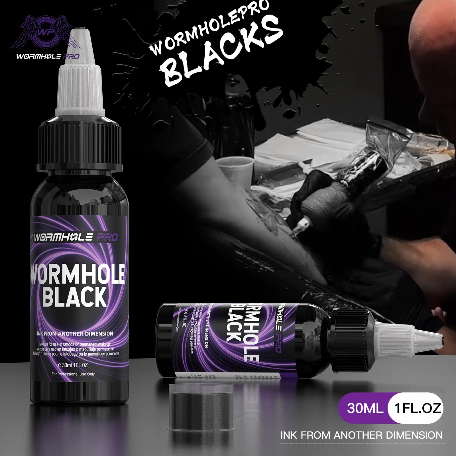WORMHOLEPRO Black Tattoo Ink, Premium Long Lasting Vivid Color Tattoo Ink, Vegan Friendly Pigment Tattoo Supplies for Tattooist (1 oz Bottle)
