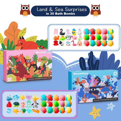 30 Kids Bath Bombs with Surprise Inside – Gift Set with 30 Unique Land & Sea Animal Toys, Fun, Educational, and Child-Safe Natural Bath Bombs with Toys, Great Gift for Kids’ Birthdays & Christmas