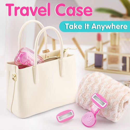 DreamGenius Travel Razors for Women, Travel Size Toiletries Include 1 Handle and 2 Cartridges, Extra Smooth 5-Blade Travel Essentials Razor with Case for Shaving, Pink