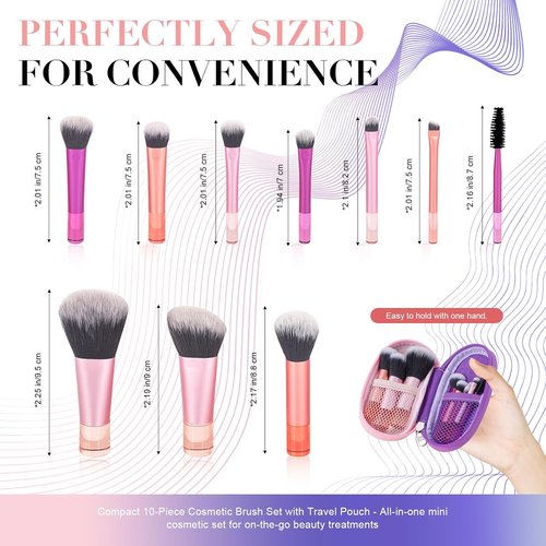 Skiennix Portable Mini Travel Makeup Brush Set - 10 Pcs Soft Synthetic Bristles for Full Face | Compact Pouch Included