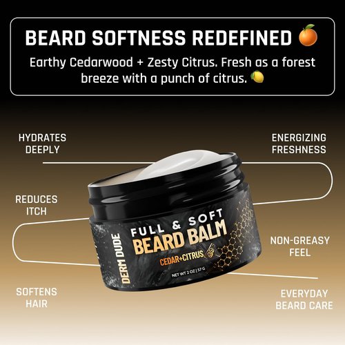 Derm Dude Beard Balm - Conditioning Formula with Natural Oils for Growth & Softness | Cedar & Citrus, 2oz