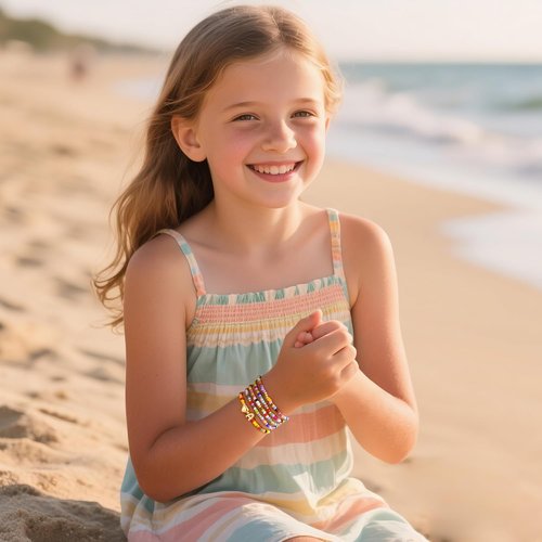 M MOOHAM Colorful Beaded Initial Bracelets - Cute Stretch Heart Letter Jewelry for Girls | 5PCS Set