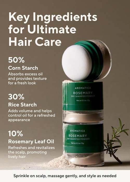 AROMATICA Rosemary Dry Shampoo Powder - Travel Size (10g) | Volumizing, Oil-Absorbing, Talc-Free Hair Care for Women