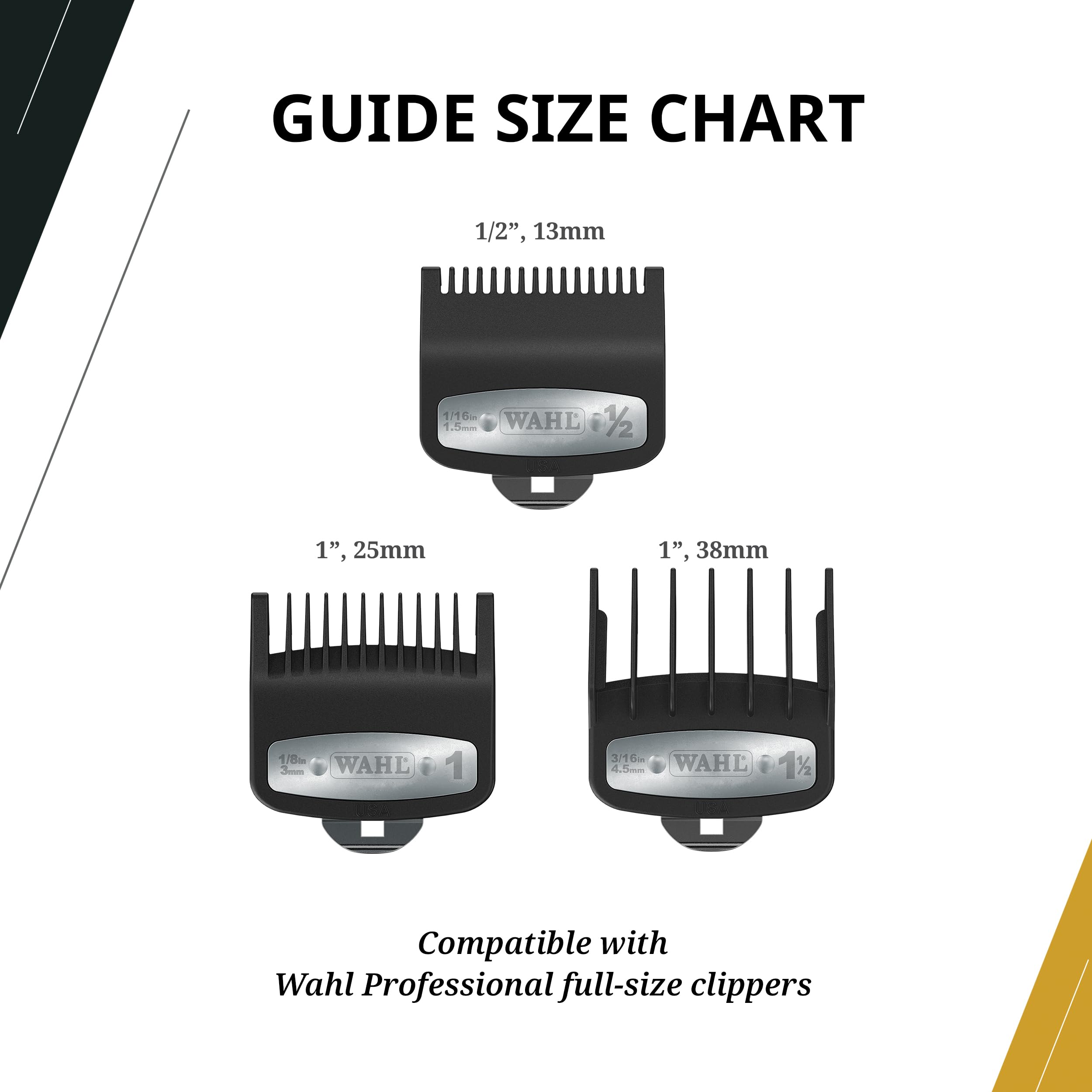 Wahl Professional 3 Pack Premium Attachments, Secure-Fit Clipper Comb Set, Durable, Includes 1/2", 1", and 1 1/2" Sizes