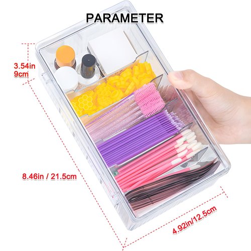 FFpaw Lash Extension Organizer Box, Acrylic Eyelash Extension Supplies Storage Container Lash Cart Organizer for Lash Techs Eyelash Beauty Case with Lid Lashes Supplies Storage Box (Clear)
