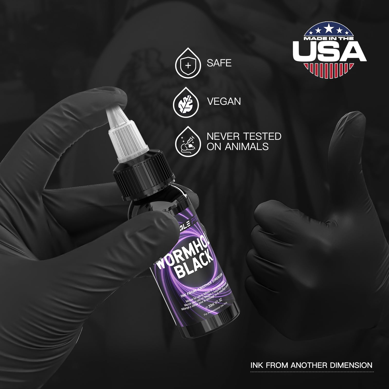 WORMHOLEPRO Black Tattoo Ink, Premium Long Lasting Vivid Color Tattoo Ink, Vegan Friendly Pigment Tattoo Supplies for Tattooist (1 oz Bottle)