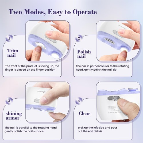 Electric 2-in-1 Nail Clipper & Polisher, 2-Speed Safe Fingernail Trimmer for All Ages, Rechargeable Automatic Nail Clipper with Light, Manicure Set for Baby Kids Seniors & Weak Hands