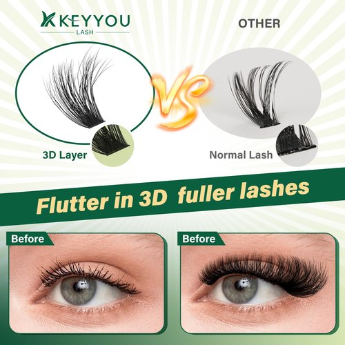 KEYYOU LASH 3D Effect lash Clusters Kit 80D100D 280pcs Eyelash Clusters Kit D Curl Individual Lashes Kit Wispy Lash Extensions Kit with Waterproof Lash Bond and Seal Tweezers (Lash Kit-8-16MIX)