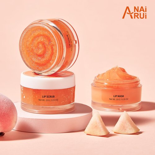 ANAI RUI Lip Scrub & Mask Set, Lip Scrubber Exfoliator, Lip Sugar Scrub, Lip Sleeping Mask, Moisturizering for Dry, Chapped, Dark Lips, Overnight Lip Mask, Peach