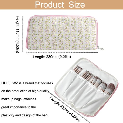 HHQQWZ Quilted Makeup Brush Bag Travel Cosmetic Bag for Women, Floral Coquette Cotton Makeup Brush Case Toiletry Zipper Make Up Pouch, Travel Storage Organizer Pouch (Pink Floral)
