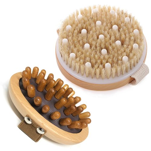 BoAn 2 Piece Shower Brush Set - Natural Wooden Massage Brush for Dry Skin, Lymphatic Drainage and Cellulite Care Body Brush for Exfoliating Body Scrubber and Cellulite Treatment