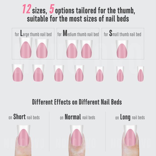 NOVO OVO French Tip Short Duck Nail Tips Press on, Pre-designed Soft Gel Nail Extension, BERRY PINK Pre-applied Tip Primer & Base Coat, Full Cover Matte Vrial False Nails for DIY x 12 Sizes 240 pcs