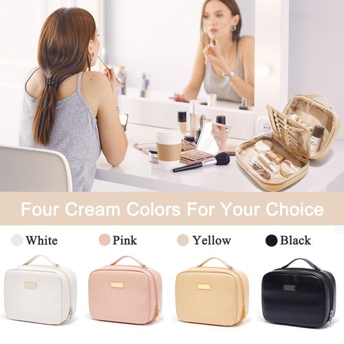 BAKLUCK Travel Makeup Bag Large Capacity Cosmetic Bags with Compartment Open Flat Make up Organizer Waterproof Leather for Women,Yellow