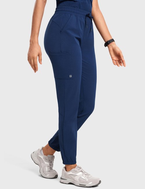 POPVIOLET High Waisted Jogger Scrub Pants for Women with 5 Pockets Drawstring Medical Work Pants Breathable Prussian Blue (Navy) Medium