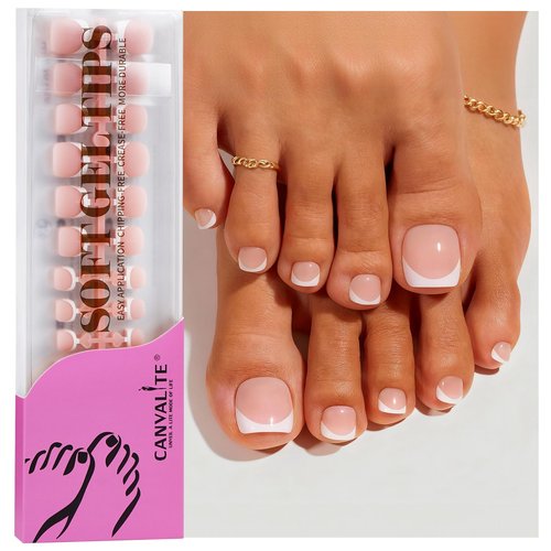 Canvalite Press on Toenails for Women, Big Toe Nail Press ons French Tip Fake Toenails with Glue, Reusable Home DIY Pedicure Set, 16 Sizes