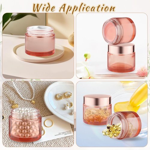 12 Pcs 60g/2oz Glass Cosmetic Jars Refillable Cream Bottle Containers Empty Sample Vials Jar with Rose Gold Lid for Eye Cream Lotion Ointments Lip Balm Scrub - Pink