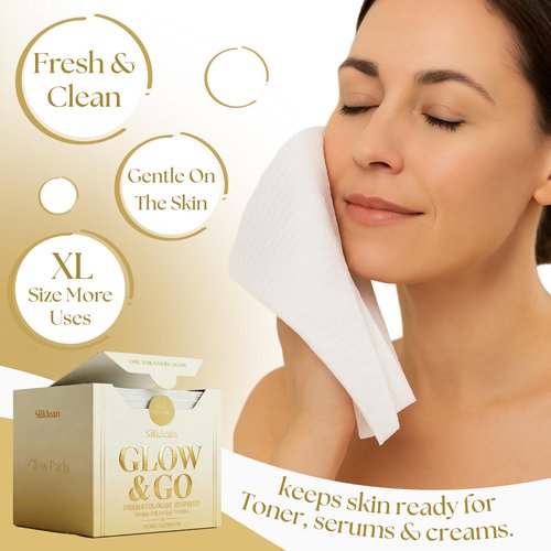 Silklean Glow and Go, XL Disposable Face Towel 10x15 inch, 100% Biodegradable Premium Towels for Fine Line Prevention and Smooth Radiant Skin, 50 Count, Chemical-Free-1 PACK