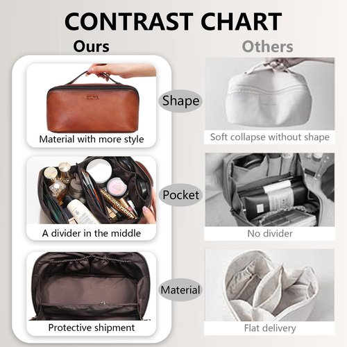 BILIYA Hand Rubbed Genuine Leather Makeup Bag Vintage Brown Cowhide Cosmetic Case with Handle Handmade Travel Organizer for Women
