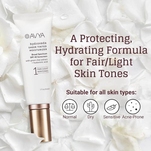 AVYA SPF 40 Sheer Tinted Moisturizer - Hydrating Hyaluronic Acid & Green Chai for Balanced Skin | Fair & Light Shade #1 (1.7oz/50ml)