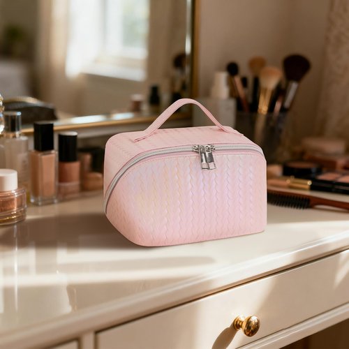 TINYAT Travel Makeup Bag for Women Open Flat Cosmetic Bags Leather Toiletry Bag Waterproof Pouch Travel Essentials Organizer
