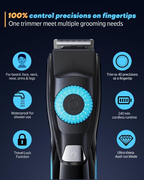 Beard Trimmer for Men, 120-Min Cordless Runtime, 0.5mm Precision Dial (40 Settings) - Constant Power Motor & IPX7 Waterproof Hair Clipper Kit with Detailer & Nose Trimmer, USB-C Quick Charge