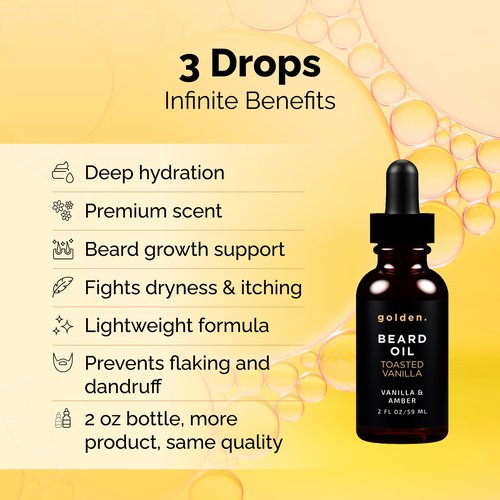 Golden Grooming Beard Oil for Men | Natural Growth Kit with Castor Oil, Jojoba Oil, and Olive Oil | Tames, Moisturizes & Styles | Toasted Vanilla Scent | 2oz