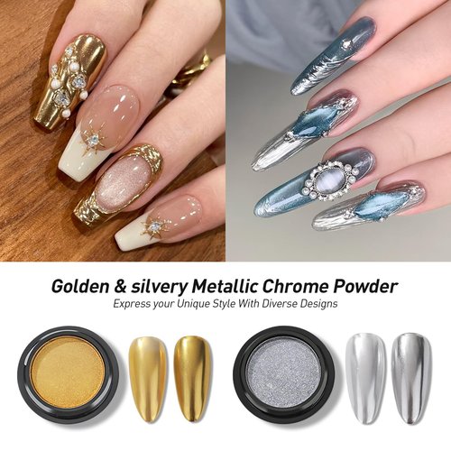 Finger Secret Rhinestone Glue Kit with Gold & Silver Chrome Powder - 30g Nail Glue for 3D Gel Nail Art & Charms