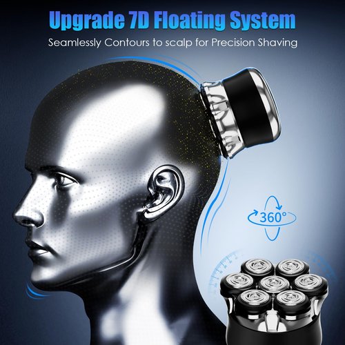Professional 7D Head Shaver for Bald Men, IPX7 Waterproof Wet & Dry Electric Razor with LED Display, USB-C Fast Charging & Rechargeable Grooming Kit (Black)