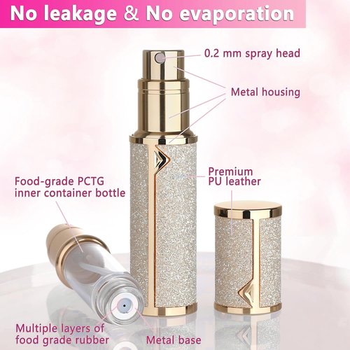 SAWOHO Travel Perfume Bottle Refillable,Valentine's Day Gift Perfume Travel Refillable Mini Spray Bottles Leather Cologne Dispenser, Portable Empty Spray Bottle Dispense Filling Atomizer 5ml (Golden)