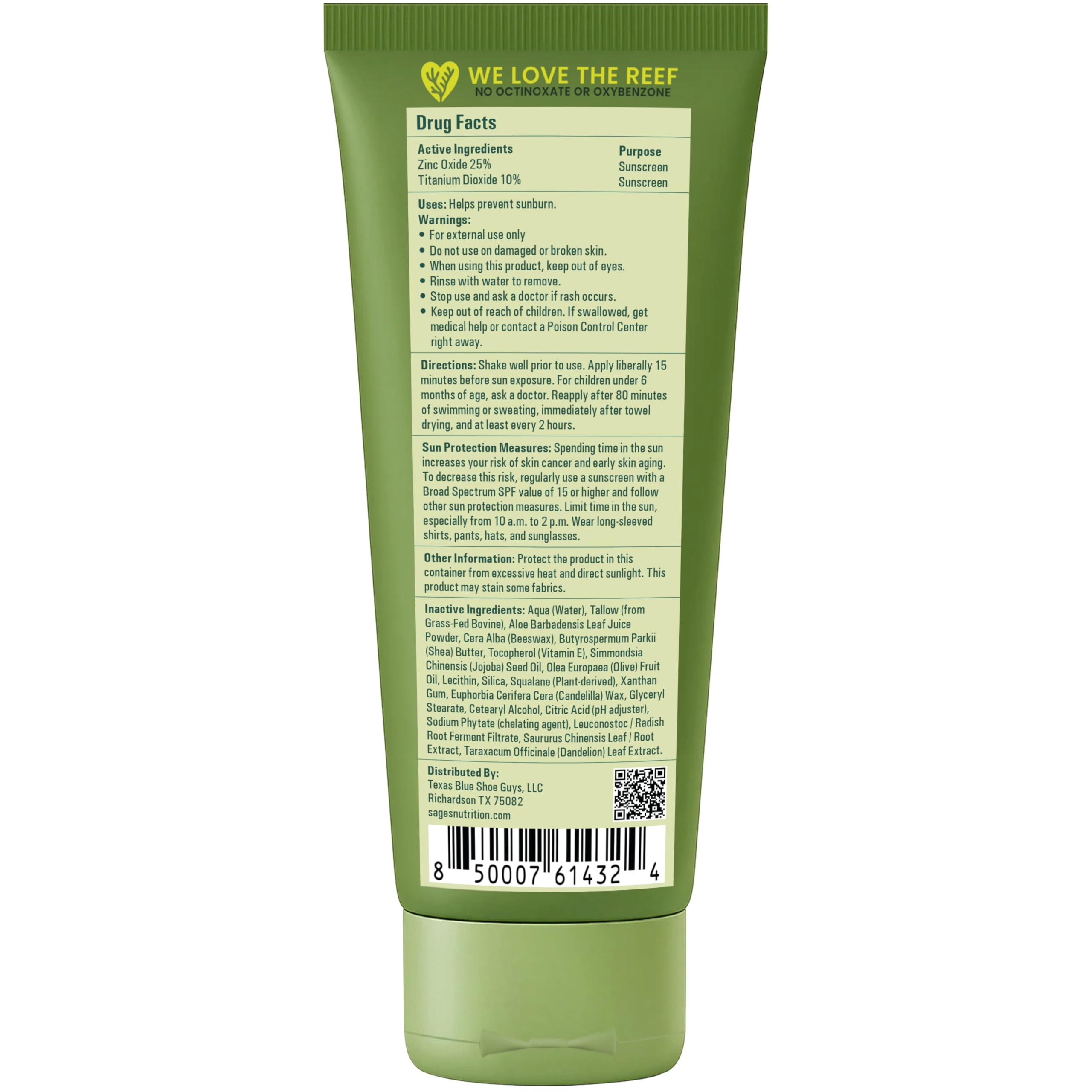 100% Mineral Sunscreen SPF 50 with Non-Nano Zinc Oxide — Reef Safe UVA/UVB Broad Spectrum Sunblock, Water Resistant 80 Min, Moisturizing Tallow Lotion for Face & Body, 3.4 fl oz