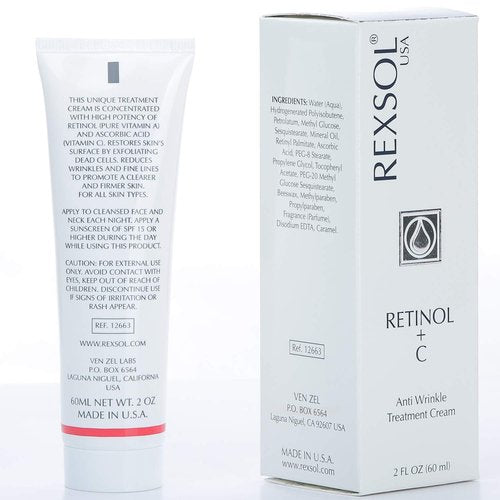 REXSOL Retinol + Vitamin C Anti-Aging Cream | Effective Night Face Care & Dark Spot Remover | Anti-Aging Neck Cream & Wrinkle Cream That Truly Works | Infused with Vitamin E, A - 2 OZ