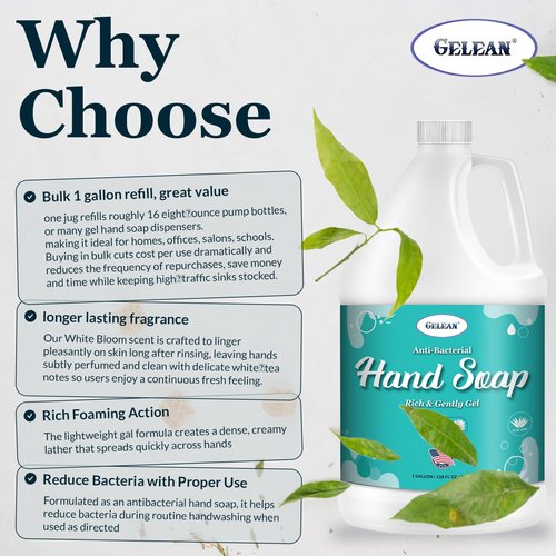 Antibacterial Liquid Gel Hand Soap - pH Balanced - Aloe Vera - White Tea Scent - Rich & Creamy Gently on Skin -Made in USA - Bulk liquid Refill Jug, 128 oz 1 gallon