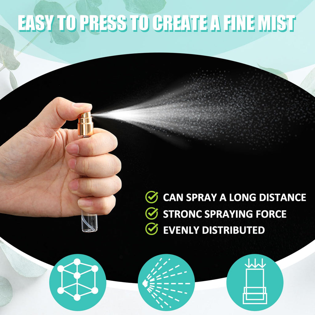 Zhehao 50 Pcs Mini Spray Bottles 10 ml Clear Glass Perfume Bottles Refillable Fine Mist Perfume Atomizer Portable Empty Sample Containers for Cleaning, Essential Oils, Travel (Gold Cap)