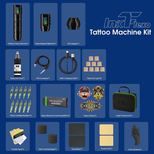 INKin Tattoo Gun Kit for Beginners Complete Set, InkFlexo Wireless Tattoo Machine with 6 Adjustable Stroke and 2Pcs 1600mAh Batteries, Tattoo Kit with Revo Tattoo Needles and Ink for Professional Use