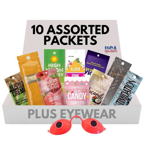 10 Pack of Tanning Bed Lotion Packets + Eyewear – The Tan Box, Best Indoor UV or Outdoor Sun Cream, Dark Accelerator with Goggles (0.5 oz each)