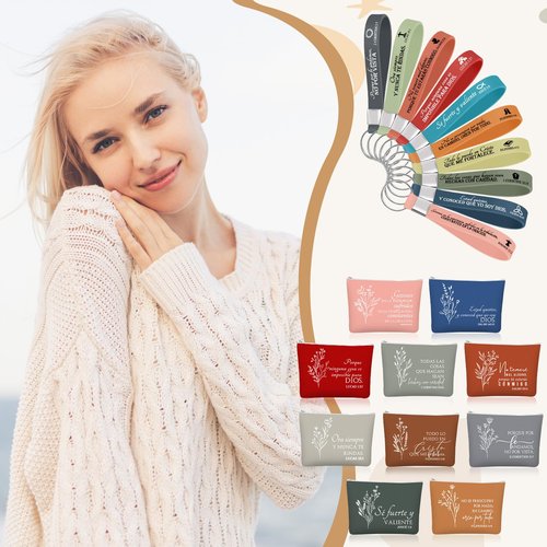 Fumete 20 Pcs Spanish Christian Easter Gifts Bulk for Women Regalos Cristianos En Español Llavero Cristiano Para Mujer En Español Spanish Bible Verse Makeup Bags Keychain(Bright Color)