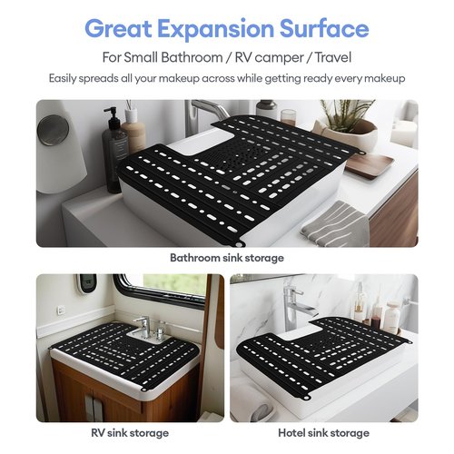 IeBilif Sink Cover for Counter Space, Foldable Bathroom Sink Covers, Makeup Organizer Mat Space Saver with Hanging Loop, Silicone Makeup Brush Cleaner Mat for Bathroom(Black)