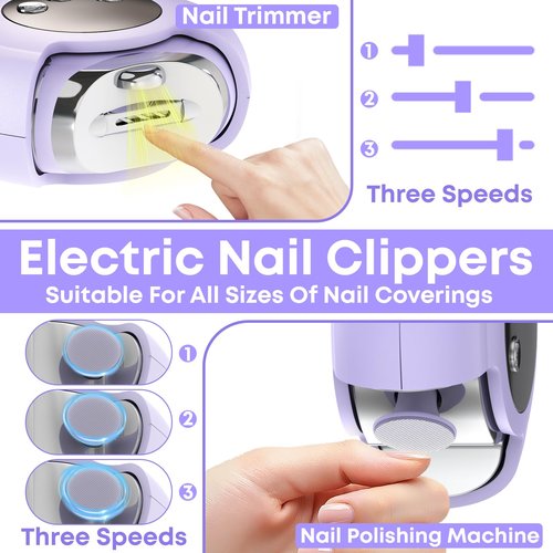 3-in-1 Electric Nail Clipper for Adults & Seniors, 3 Speeds Automatic Nail Clipper & Trimmer with LED Light 360° Rotating Fingernail Clipper with Polisher Rechargeable Electric Nail File