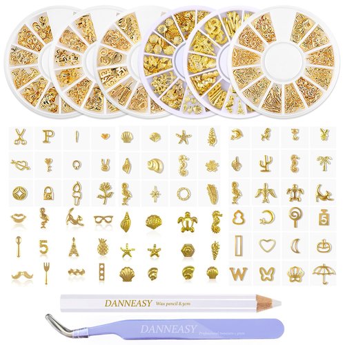 DANNEASY 6 Boxes 3D Gold Nail Charms for Summer Women Nail Jewels Metal Shell Cross Butterfly Nail Art Charms Nail Studs Nail Jewelry for Acrylic Nails DIY Craft Nail Decoration