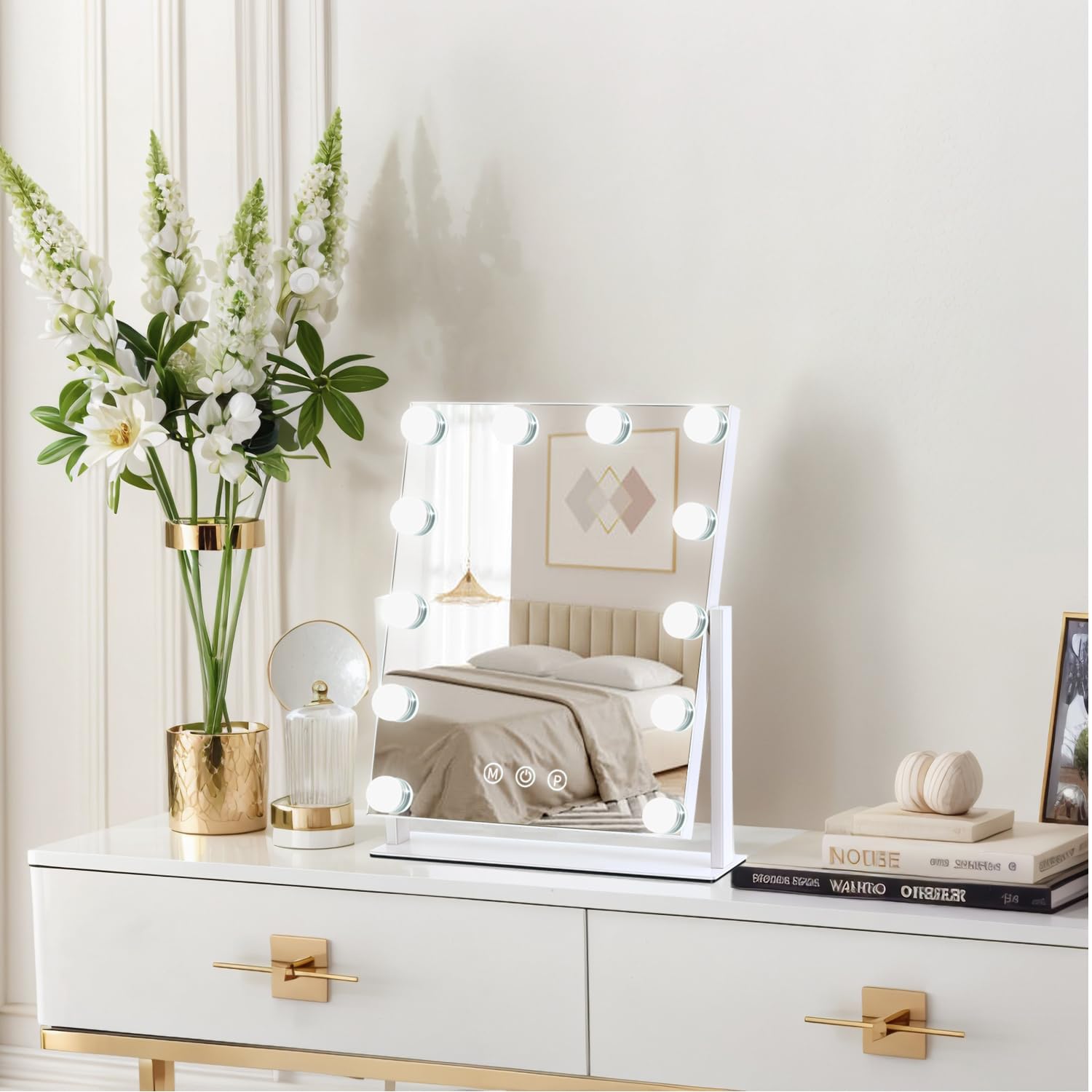 ZBOCAI Vanity Mirror with Lights, 13'' x 11'' Lighted Makeup Mirror for Desk, Hollywood Mirror with 12 Dimmable Bulbs, 3 Color Modes, Smart Touch Control, 360°Rotation, Gifts for Mothers Day, Girls