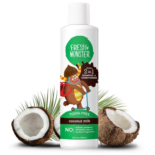 Fresh Monster 2-in-1 Kids Shampoo & Conditioner - Toxin-Free, Hypoallergenic, Tear-Free, Coconut (8.5oz)