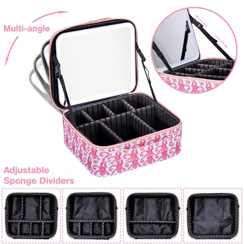 HMPEAIIY Travel Makeup Bag Organizer with LED Mirror, Portable Monkey Cosmetic Train Case with Adjustable Dividers, Brush Storage Board for Women Christmas Thanksgiving Valentine Birthday Gift (Pink)