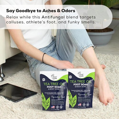 FOOT CURE Tea Tree Oil Foot Soak with Epsom Salt - Best Toenail Fungus Treatment, Athletes Foot & Softens Calluses - Soothes Sore & Tired Feet, Fungal Toe, Foot Odor Scent, Spa Pedicure (Pack of 2)