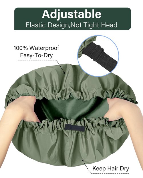 Aquior Shower Cap for Women, Extra Adjustable Shower Caps for Women Double-Layer Waterproof Reusable Hair Cap, Large Size Hair Cap for All Hair,for Girls Spa Bath,Soft and Comfortable (Green)